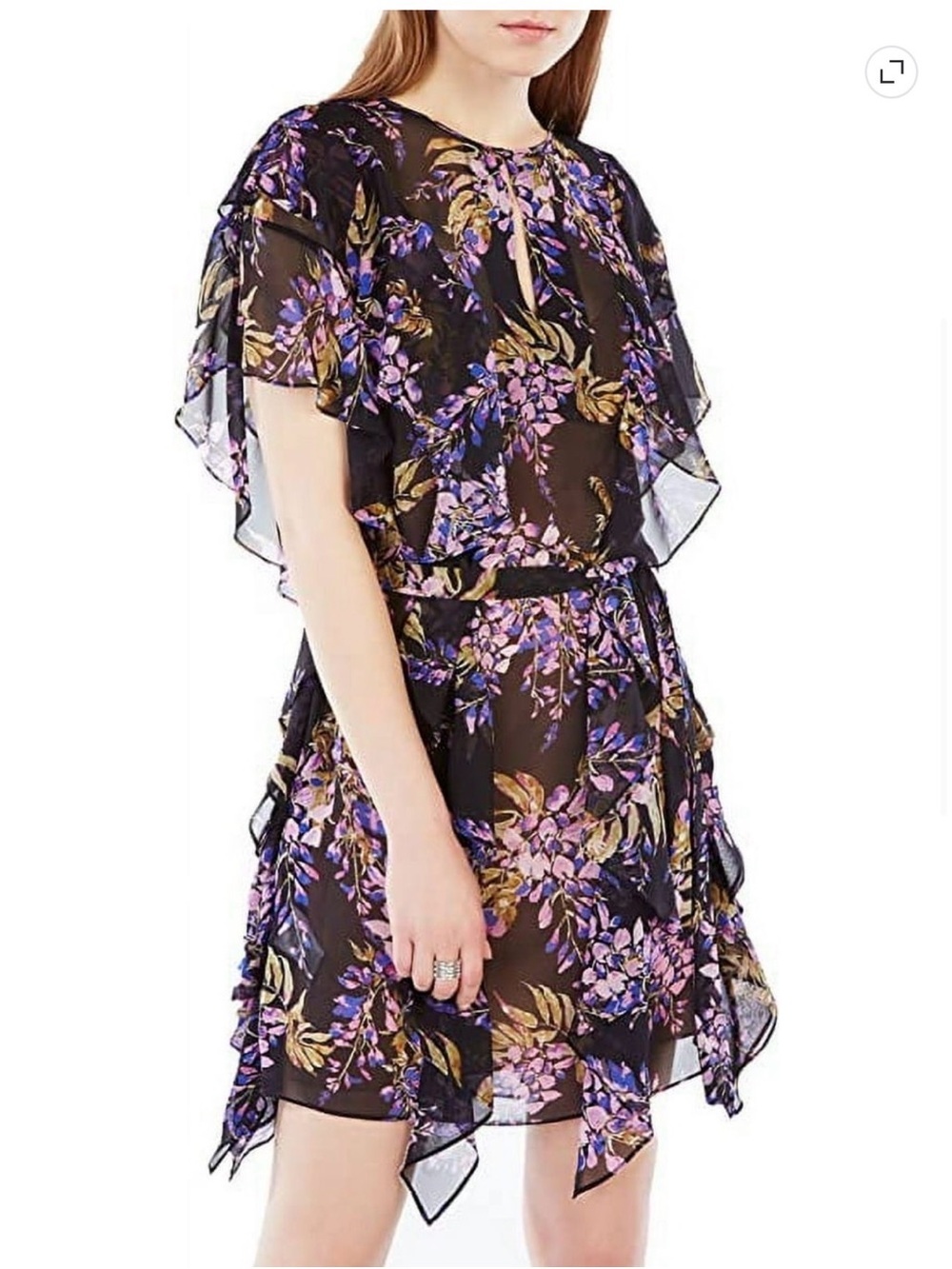 BCBG MAXAZRIA Filippa Floral Purple Black Silk Dress Ruffle Womens Size L